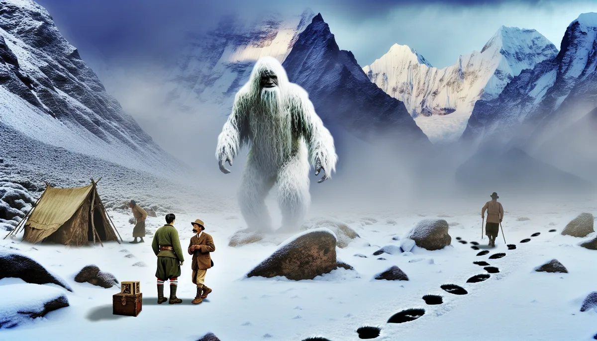 Alt Text: In a snowy mountainous landscape, a large Yeti stands prominently in the center with footprints leading towards and away from it. Three explorers in early 20th century attire are present; one adjusts something near a tent, two are standing and conversing, and another is walking away, following the trail of footprints in the snow. Jagged mountain peaks loom in the background under a cloudy sky.