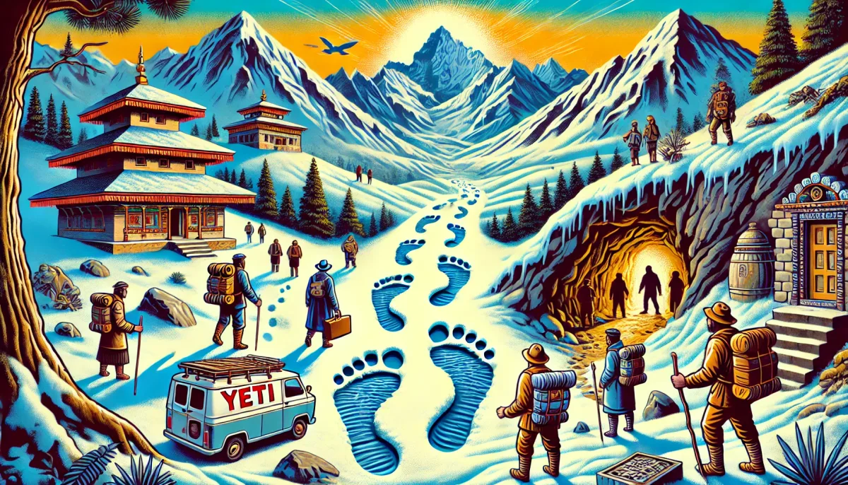 Vibrant and detailed illustration depicting the mystery of Yeti footprints in the Himalayas. The scene shows large footprints leading into the wilderness, surrounded by explorers in 1950s attire, a remote monastery, Sherpa guides, and a cave entrance. The color scheme is bright and engaging, with warm and cool tones.