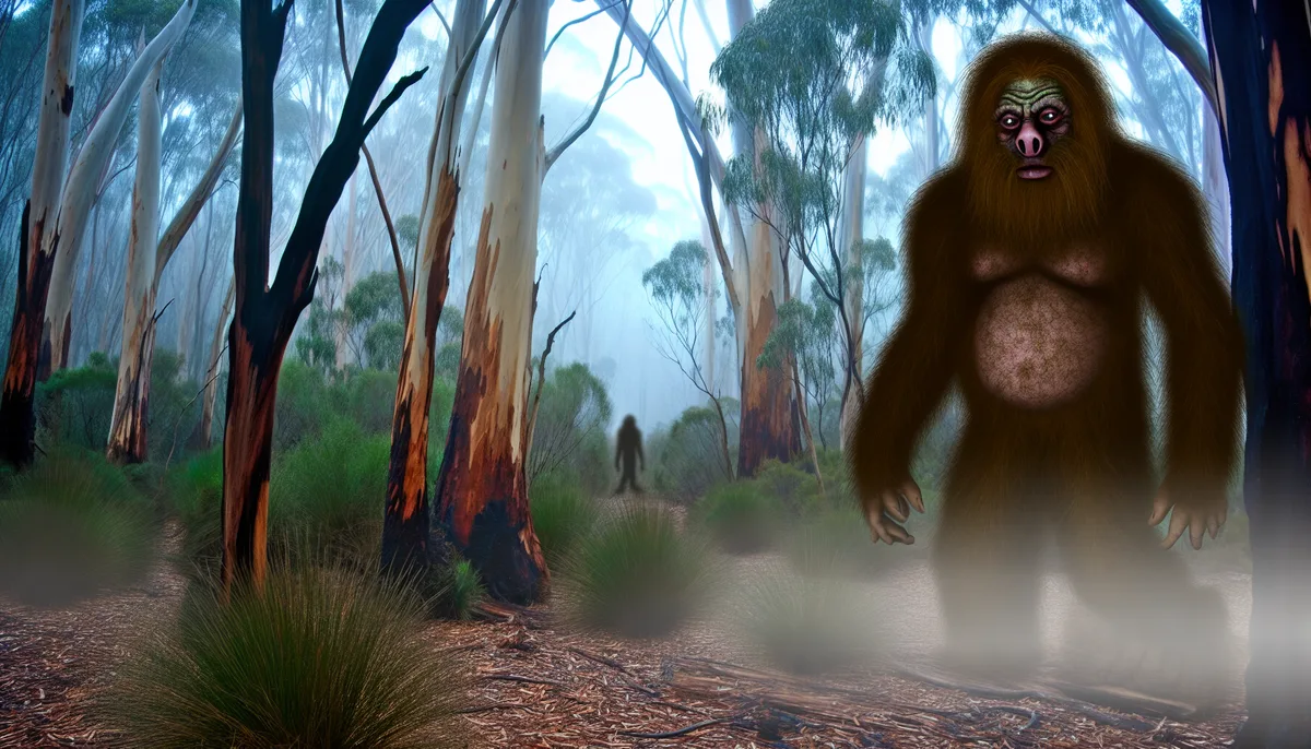 A misty forest scene with sparse, tall trees with white bark and green foliage on the ground. A large, hairy creature known as a Yowie stands prominently on the right, with a humanoid figure and ape-like features. In the distant background, another shadowy figure resembling a Yowie can be seen walking away among the trees.